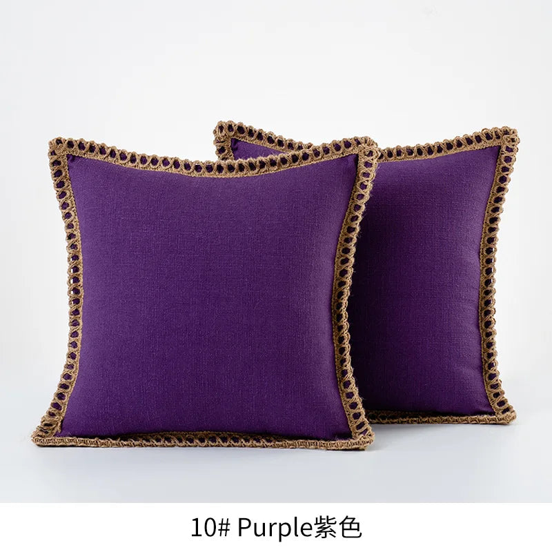 Solid Color Cotton Linen Pillow Cover with Jute Rope Trim Boho Decorative 45x45cm Cushion Pillow Case for Sofa Bed Living Room